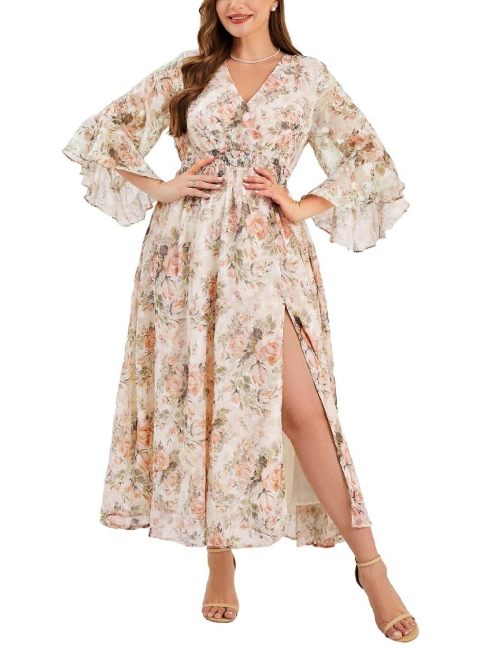 Wedding Guest Dress Plus Size Ruffle Bell Sleeve V Neck A Line Flowy Empire